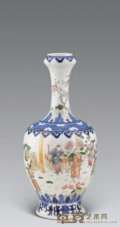 清末 青花粉彩人物瓶 高45.8cm；口径7cm；底径14cm